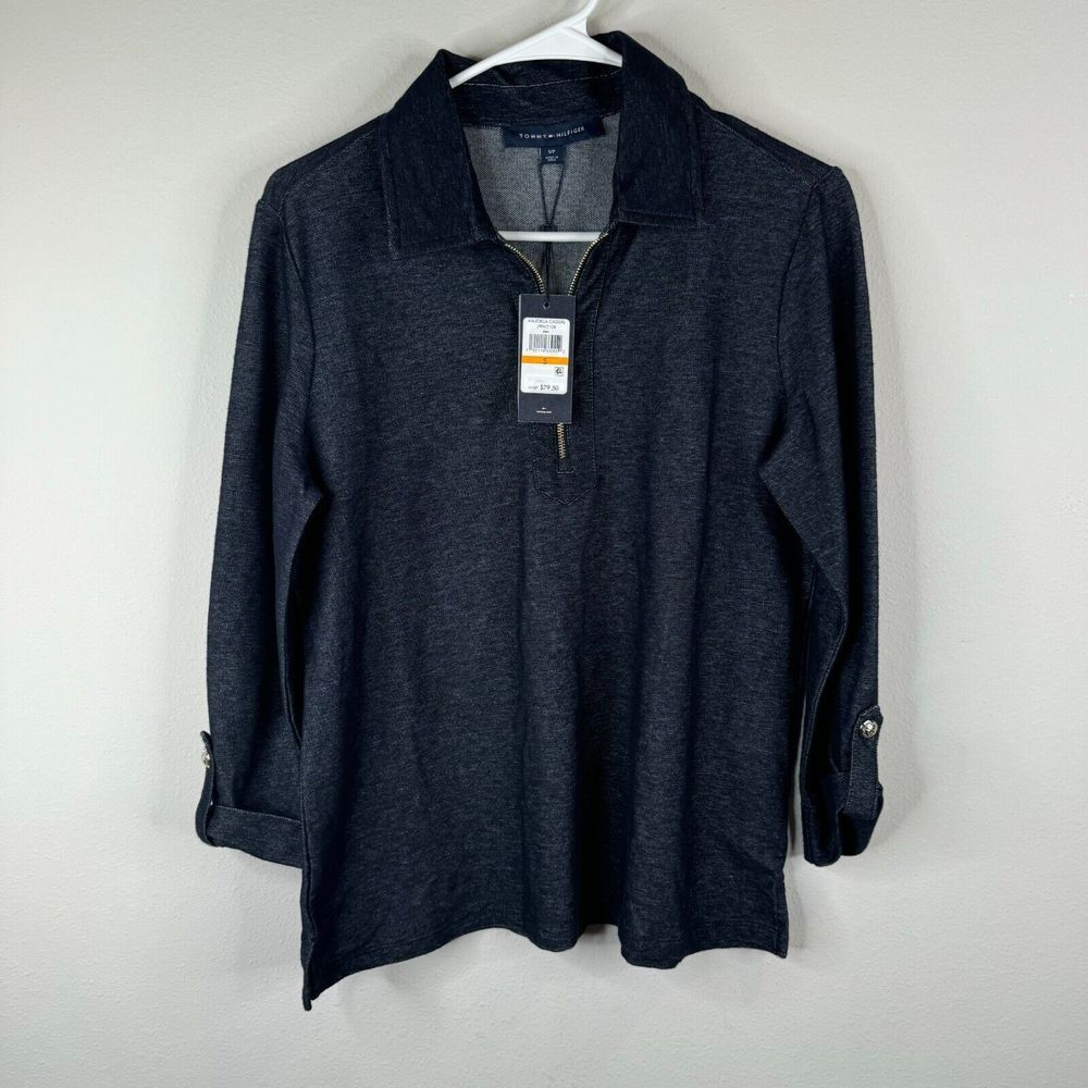Tommy Hifiger Top Womnes S Blue/Chambray 3/4 Sleeve Quarter Zip Collar NWT - Picture 1 of 9